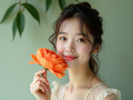 꽃을 들고 있는 젊은 여성
