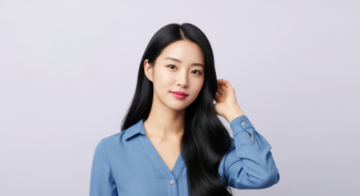 파란 셔츠를 입은 젊은 여성