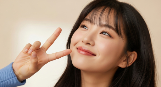 여자가 손으로 평화 표시를 하고 있음