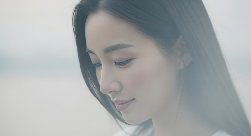 젊은 여자가 아래를 바라보는 모습