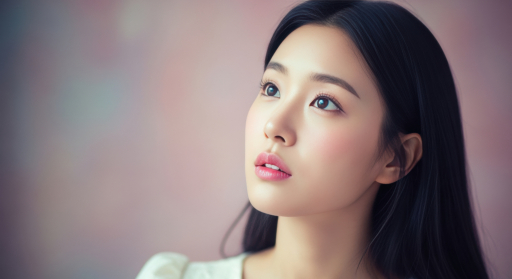 젊은 여자가 위를 올려다보고