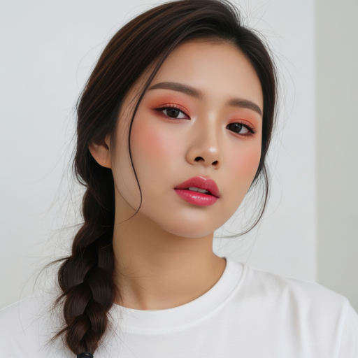 분홍 메이크업을 한 젊은 여성