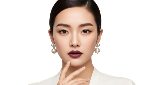 짙은 립스틱과 진주 귀걸이를 한 여성