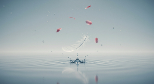 깃털과 꽃잎이 물에 떨어지는 모습,