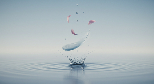 깃털과 꽃잎이 물에 떨어지는 모습,